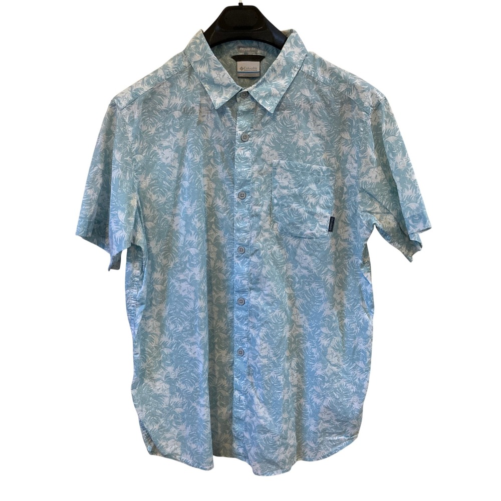 Columbia Mens L Regular Fit Tropical Palm AOP Light Blue S/S Button Down Shirt
